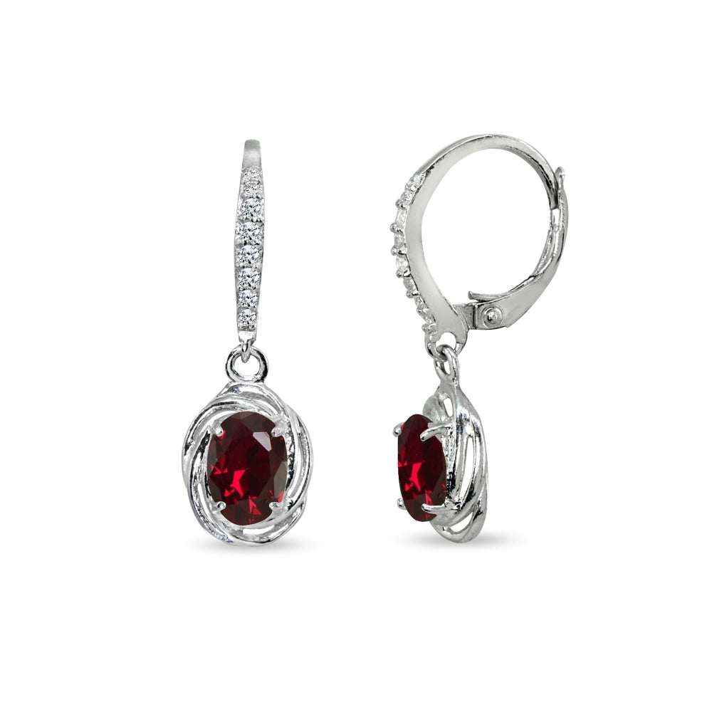 Sterling Silver Created Ruby & Cubic Zirconia 7x5mm Oval Love Knot Leverback Earrings