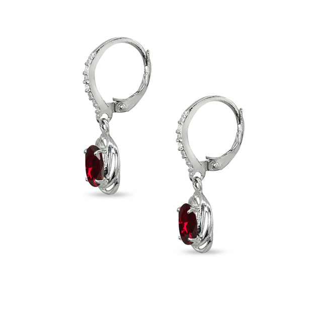 Sterling Silver Created Ruby & Cubic Zirconia 7x5mm Oval Love Knot Leverback Earrings