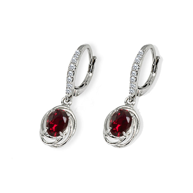 Sterling Silver Created Ruby & Cubic Zirconia 7x5mm Oval Love Knot Leverback Earrings