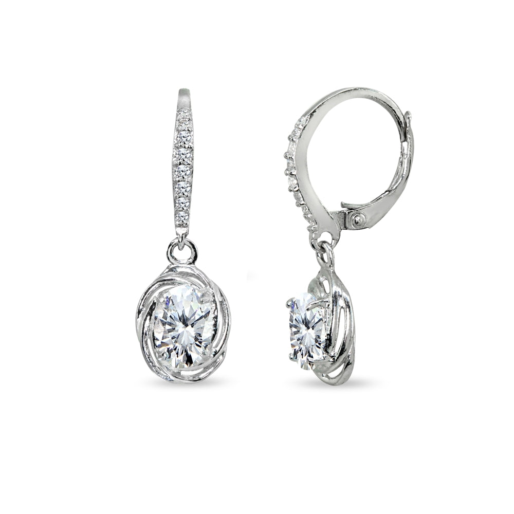 Sterling Silver Cubic Zirconia 7x5mm Oval Love Knot Leverback Earrings
