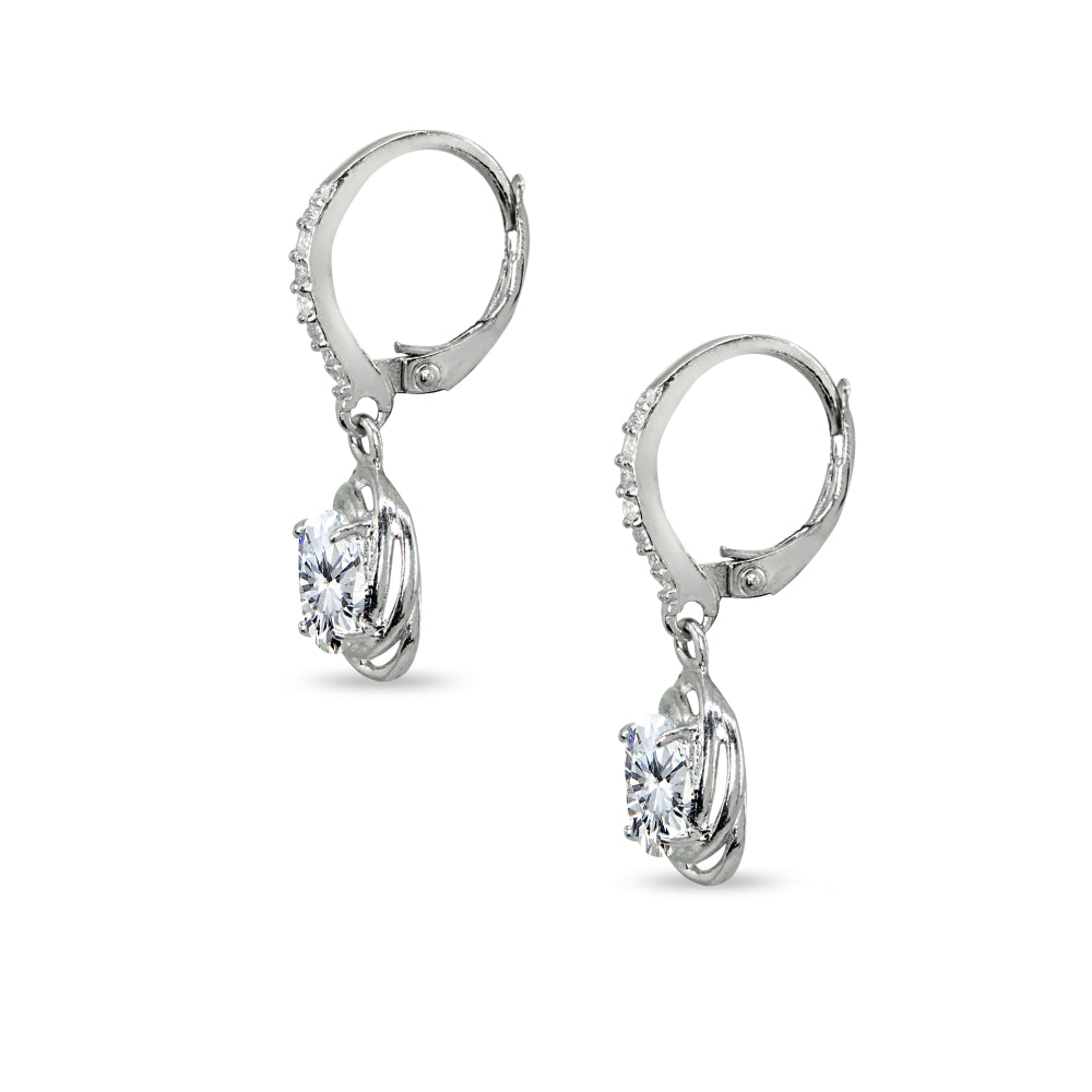 Sterling Silver Cubic Zirconia 7x5mm Oval Love Knot Leverback Earrings-2
