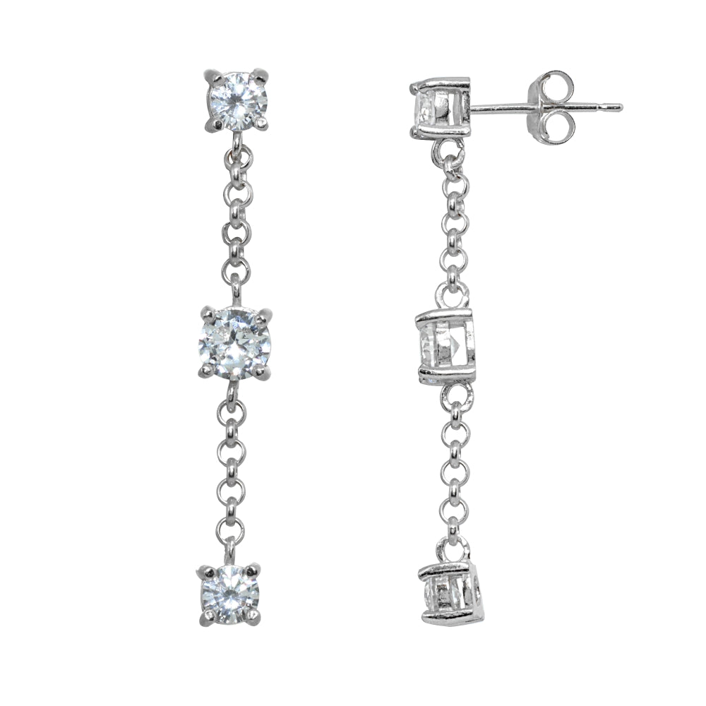 Sterling Silver Cubic Zirconia Round Long Drop Chain Dangle Earrings