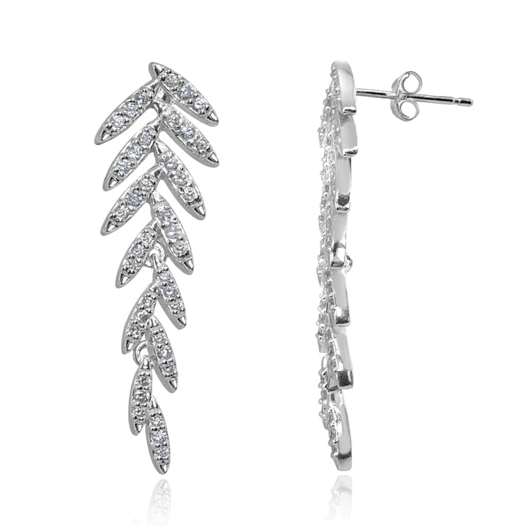 Sterling Silver Cubic Zirconia Round Polished Leaf Drop Earrings