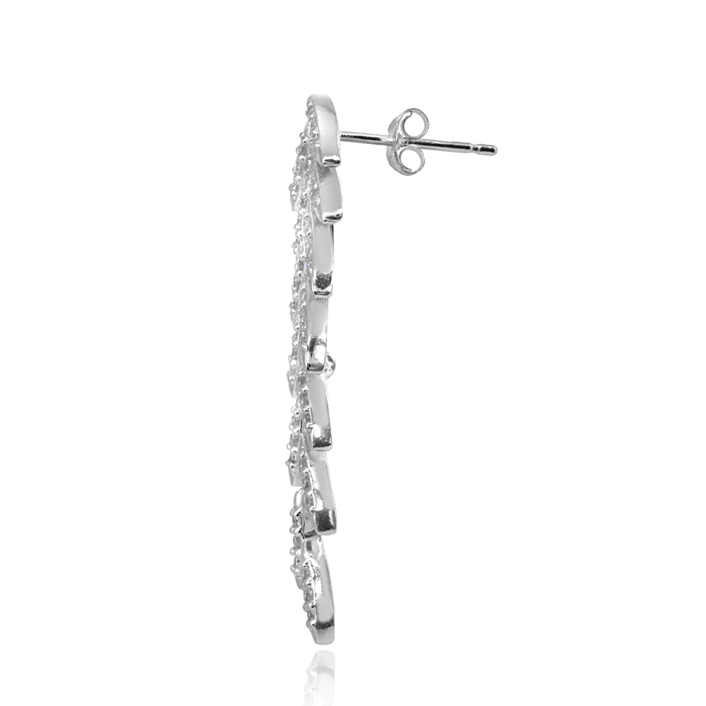 Sterling Silver Cubic Zirconia Round Polished Leaf Drop Earrings-2