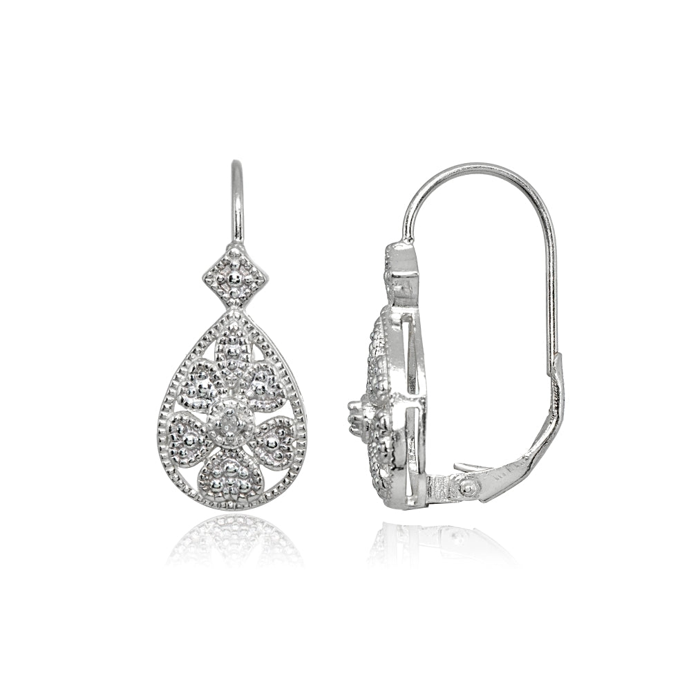 Sterling Silver Diamond Accent Filigree Heart Flower Teardrop Leverback Earrings-3