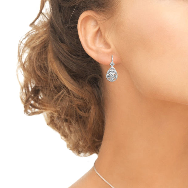 Sterling Silver Diamond Accent Filigree Heart Flower Teardrop Leverback Earrings