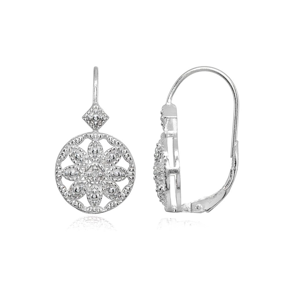 Sterling Silver Diamond Accent Filigree Flower Medallion Round Leverback Drop Earrings-3