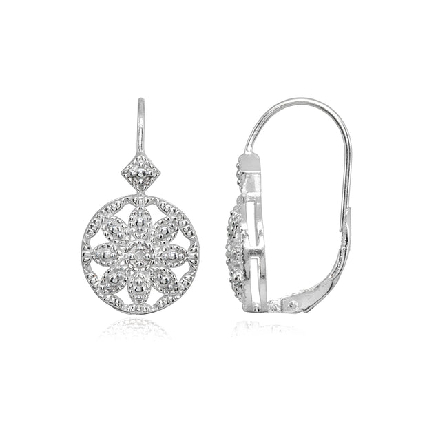 Sterling Silver Diamond Accent Filigree Flower Medallion Round Leverback Drop Earrings