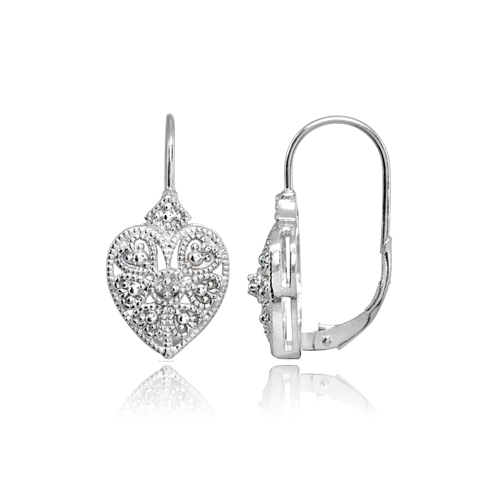 Sterling Silver Diamond Accent Filigree Flower Heart Leverback Drop Earrings-3
