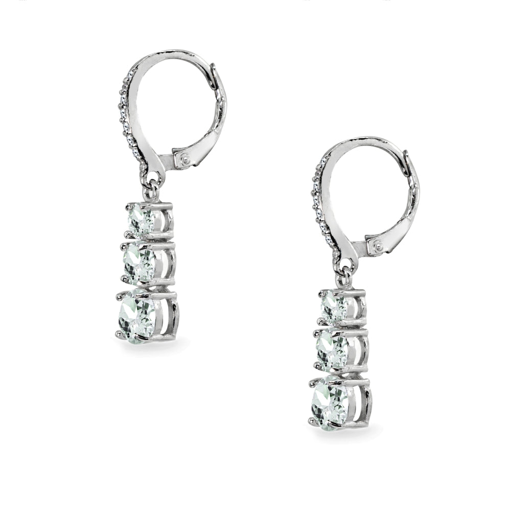 Sterling Silver Light Aquamarine and Cubic Zirconia 3-Stone Journey Dangle Leverback Earrings-2