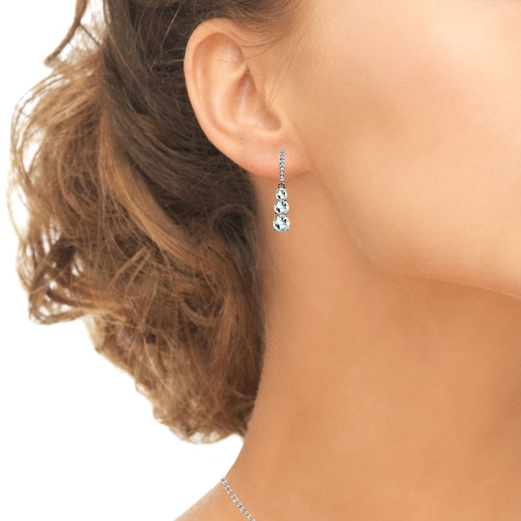 Sterling Silver Light Aquamarine and Cubic Zirconia 3-Stone Journey Dangle Leverback Earrings