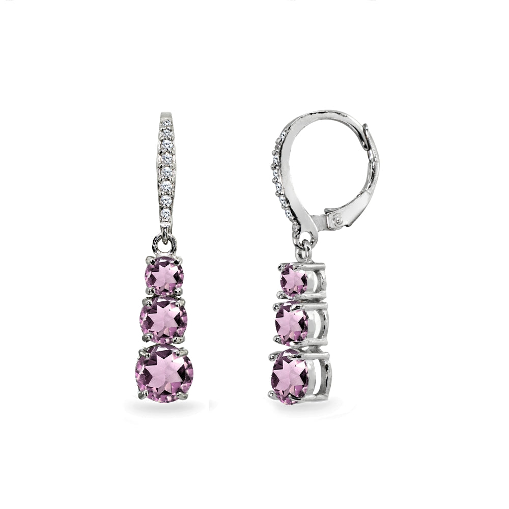 Sterling Silver Created Alexandrite and Cubic Zirconia 3-Stone Journey Dangle Leverback Earrings