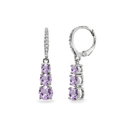 Sterling Silver Amethyst and Cubic Zirconia 3-Stone Journey Dangle Leverback Earrings