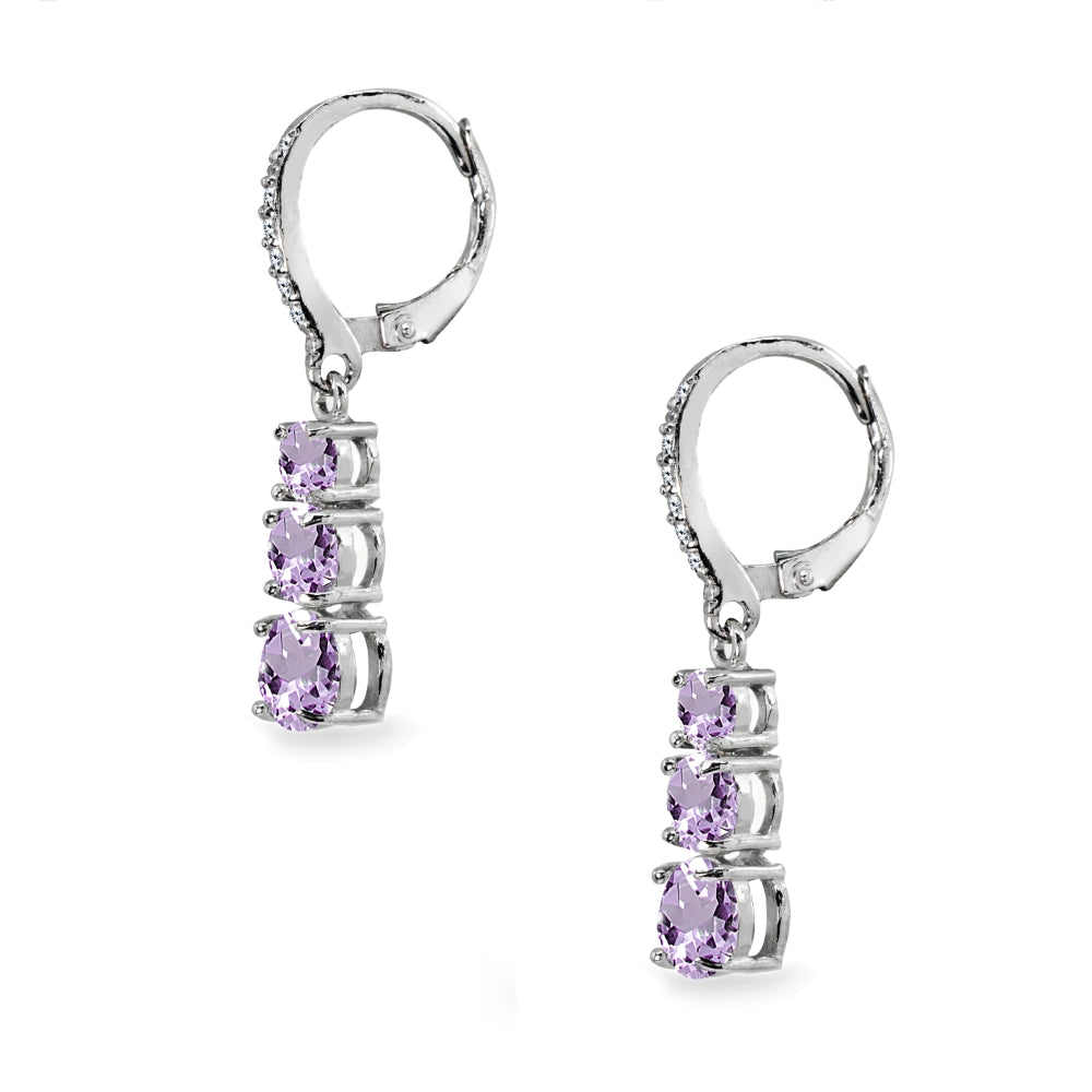 Sterling Silver Amethyst and Cubic Zirconia 3-Stone Journey Dangle Leverback Earrings-2