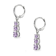 Sterling Silver Amethyst and Cubic Zirconia 3-Stone Journey Dangle Leverback Earrings