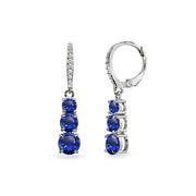 Sterling Silver Created Blue Sapphire and Cubic Zirconia 3-Stone Journey Dangle Leverback Earrings