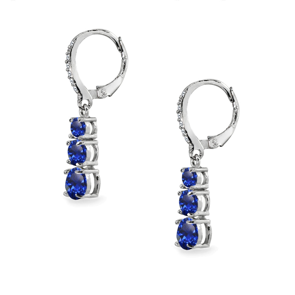 Sterling Silver Created Blue Sapphire and Cubic Zirconia 3-Stone Journey Dangle Leverback Earrings-2