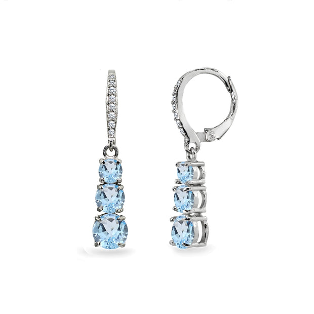 Sterling Silver Blue Topaz and Cubic Zirconia 3-Stone Journey Dangle Leverback Earrings