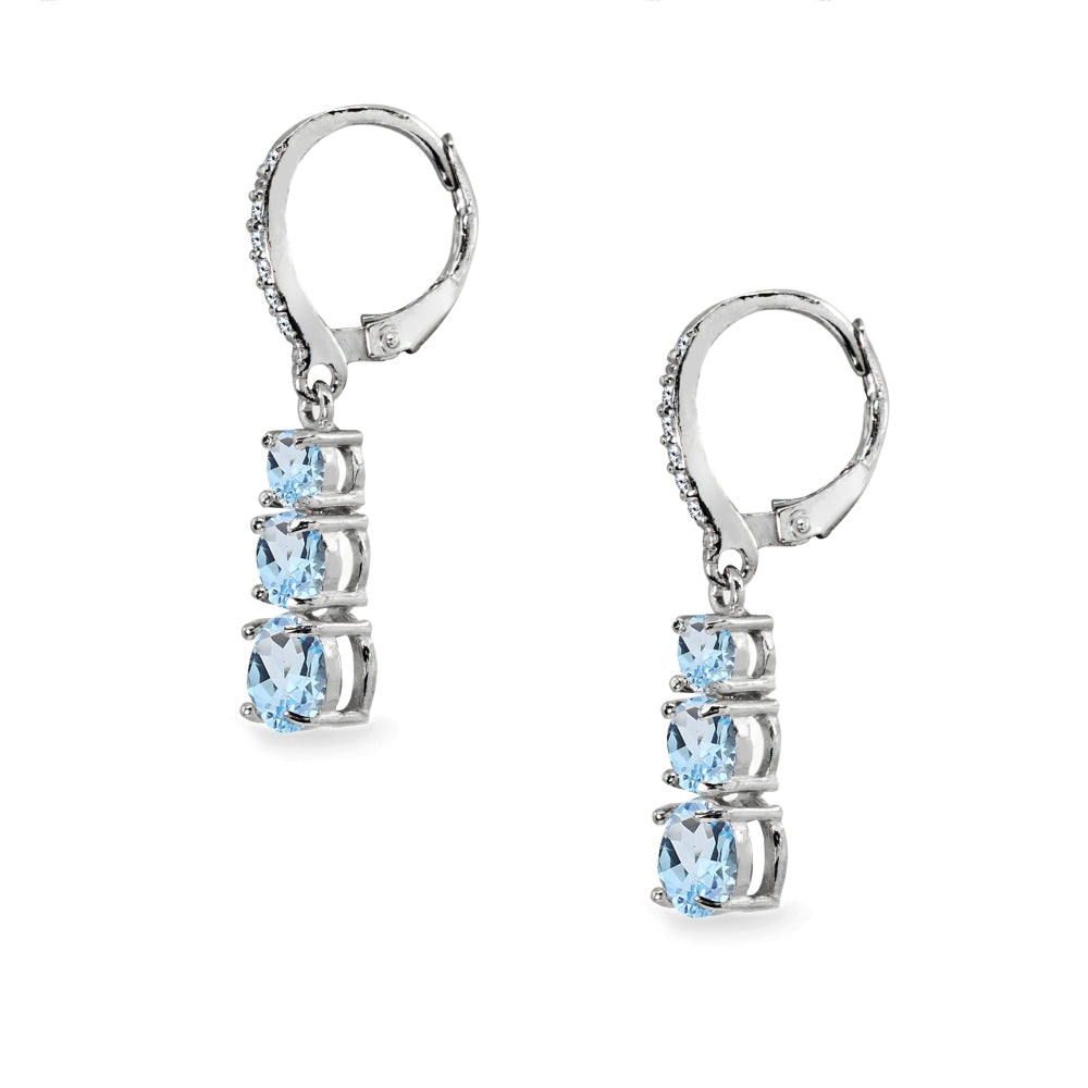Sterling Silver Blue Topaz and Cubic Zirconia 3-Stone Journey Dangle Leverback Earrings-2