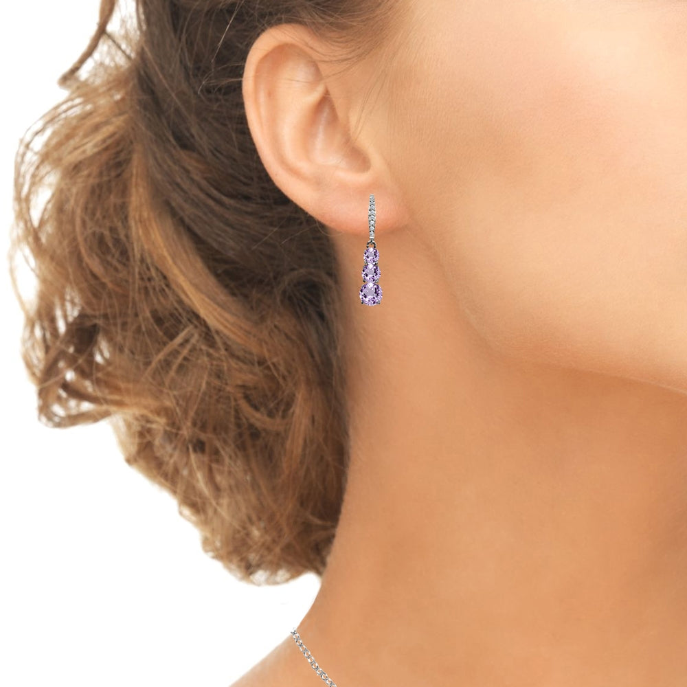 Sterling Silver Blue Topaz and Cubic Zirconia 3-Stone Journey Dangle Leverback Earrings-3