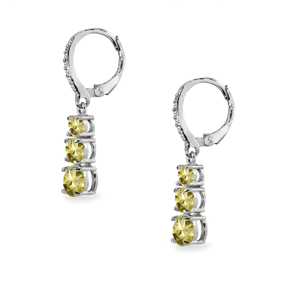 Sterling Silver Citrine and Cubic Zirconia 3-Stone Journey Dangle Leverback Earrings-2