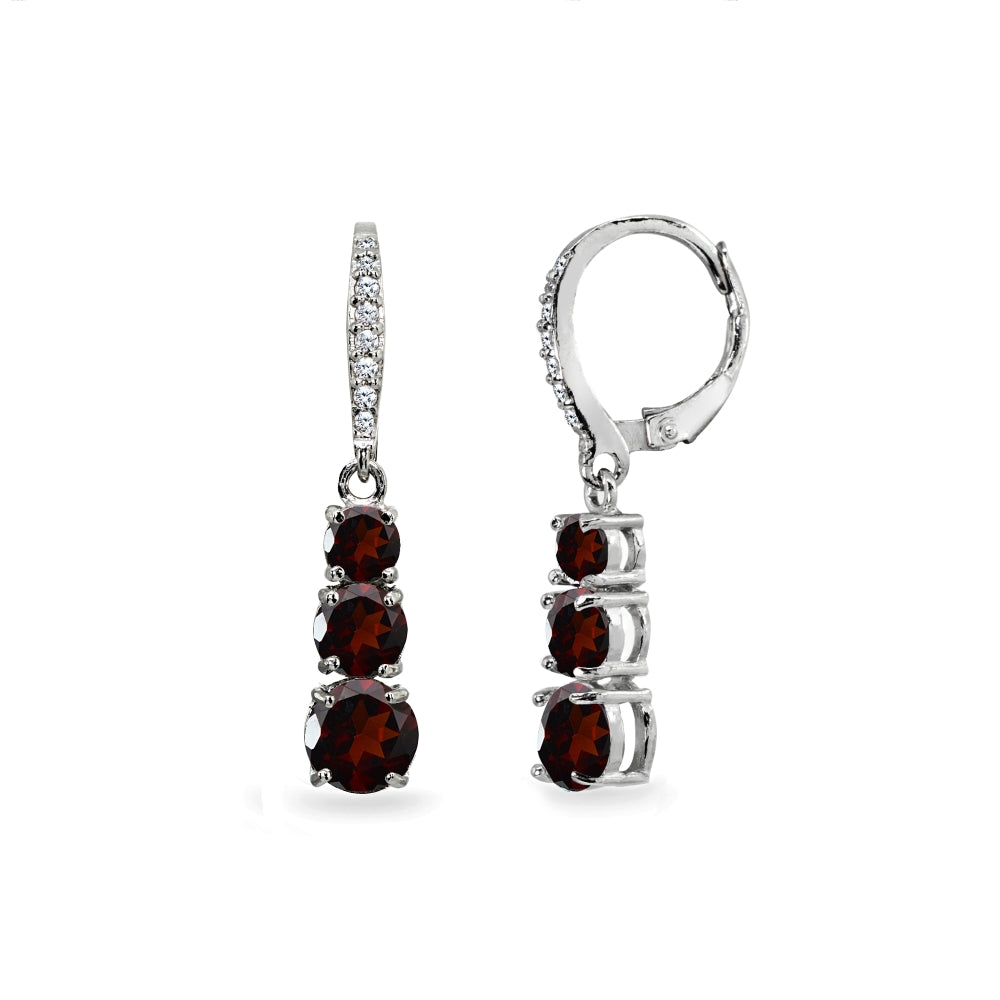 Sterling Silver Garnet and Cubic Zirconia 3-Stone Journey Dangle Leverback Earrings