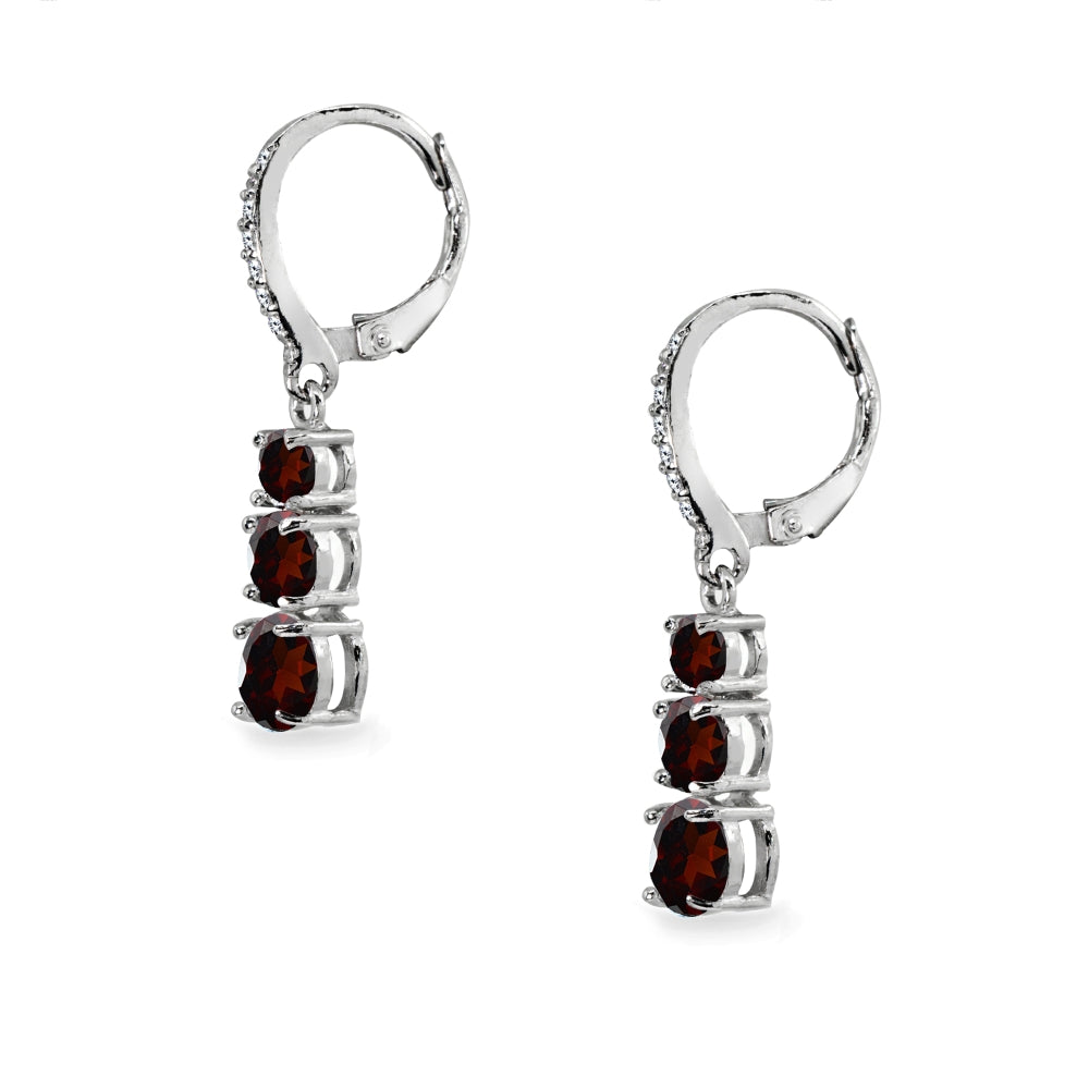 Sterling Silver Garnet and Cubic Zirconia 3-Stone Journey Dangle Leverback Earrings-2
