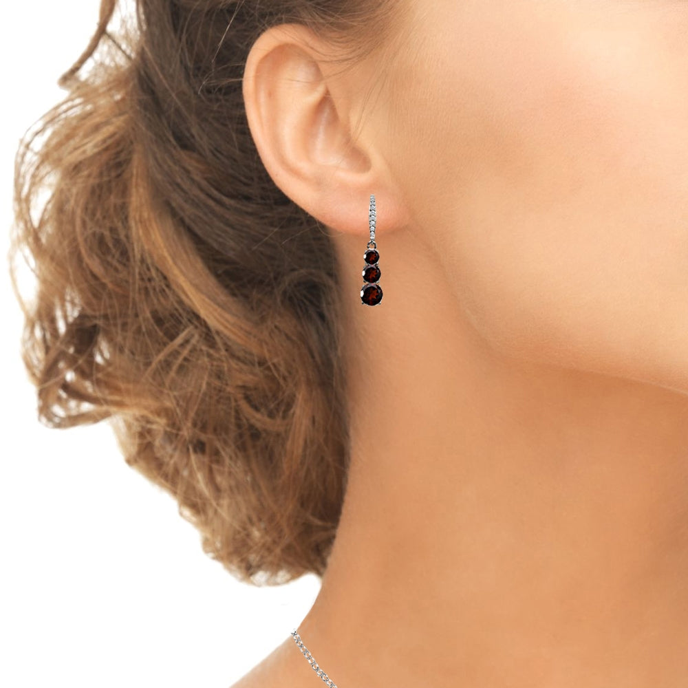 Sterling Silver Garnet and Cubic Zirconia 3-Stone Journey Dangle Leverback Earrings-3