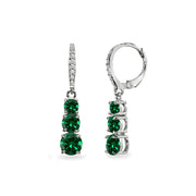 Sterling Silver Created Emerald and Cubic Zirconia 3-Stone Journey Dangle Leverback Earrings