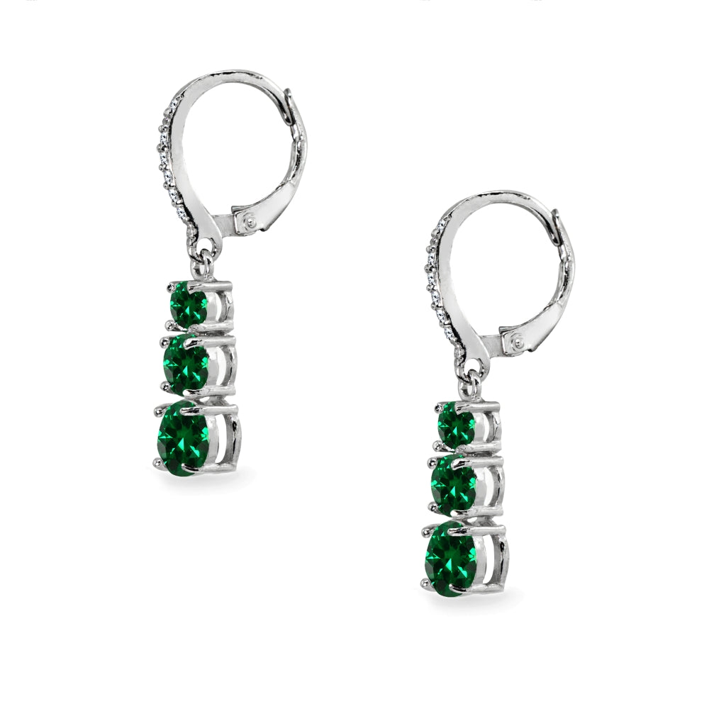 Sterling Silver Created Emerald and Cubic Zirconia 3-Stone Journey Dangle Leverback Earrings-2