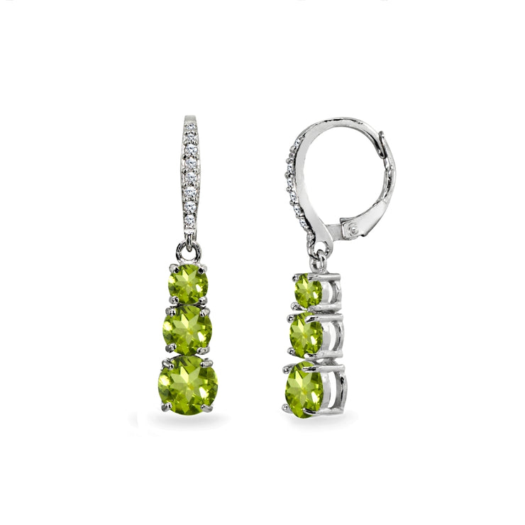 Sterling Silver Peridot and Cubic Zirconia 3-Stone Journey Dangle Leverback Earrings