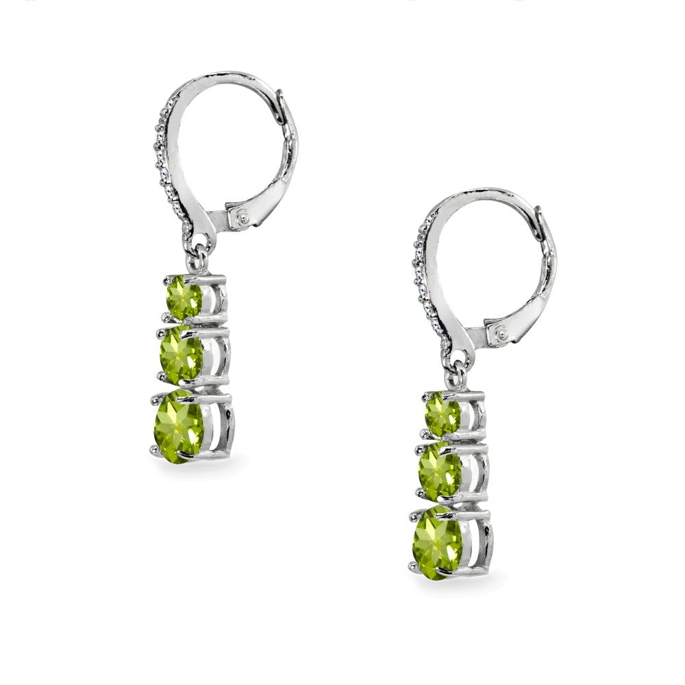 Sterling Silver Peridot and Cubic Zirconia 3-Stone Journey Dangle Leverback Earrings-2