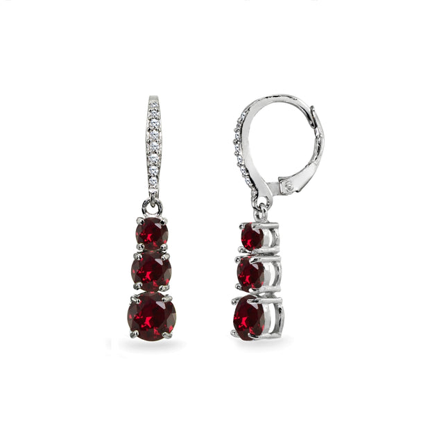 Sterling Silver Created Ruby and Cubic Zirconia 3-Stone Journey Dangle Leverback Earrings