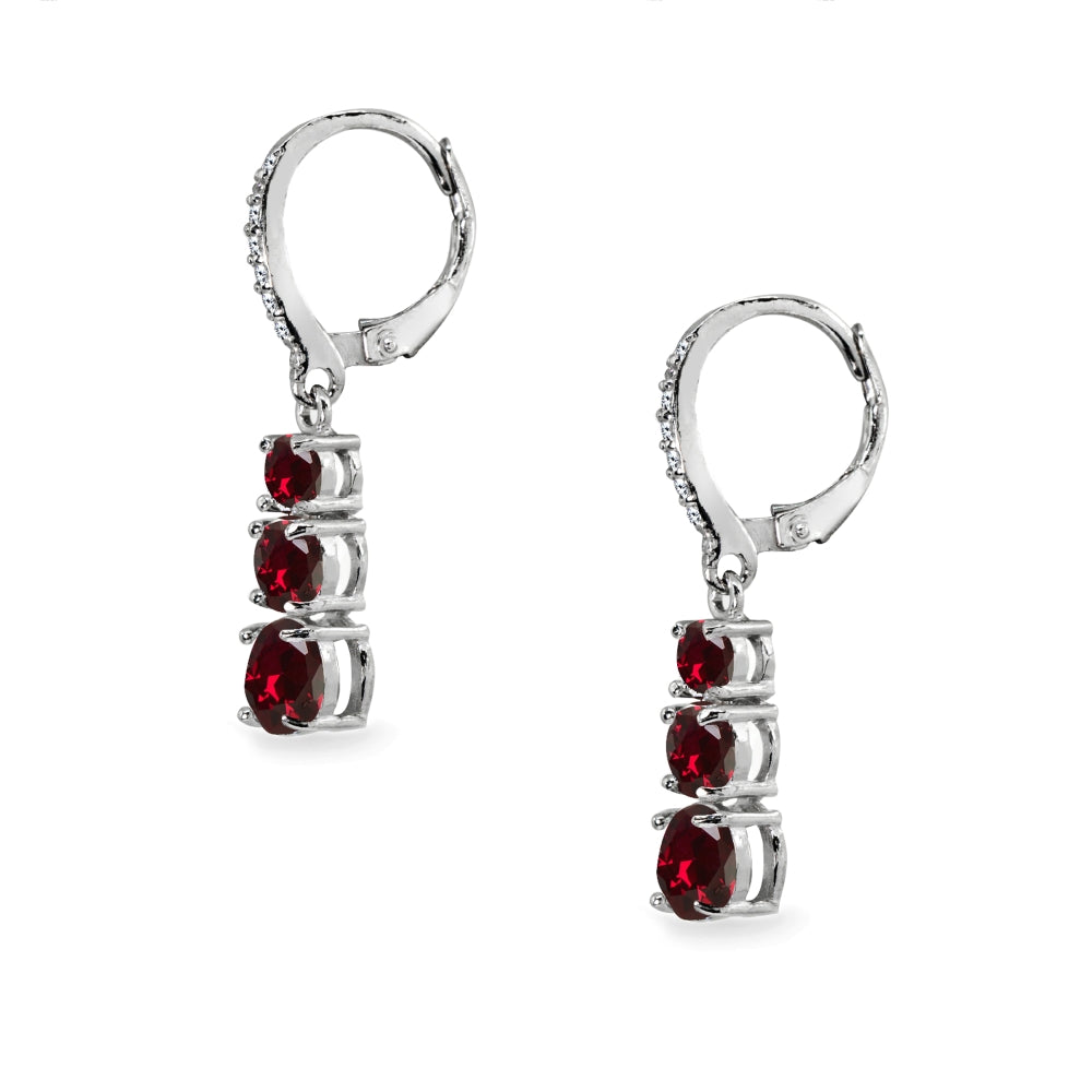Sterling Silver Created Ruby and Cubic Zirconia 3-Stone Journey Dangle Leverback Earrings-2