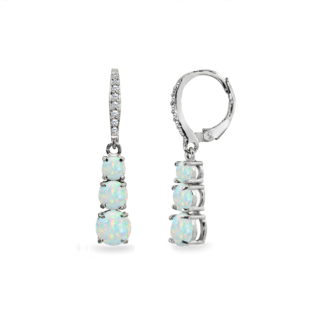 Sterling Silver Created White Opal and Cubic Zirconia 3-Stone Journey Dangle Leverback Earrings
