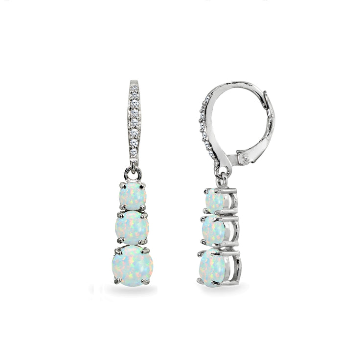 Sterling Silver Created White Opal and Cubic Zirconia 3-Stone Journey Dangle Leverback Earrings