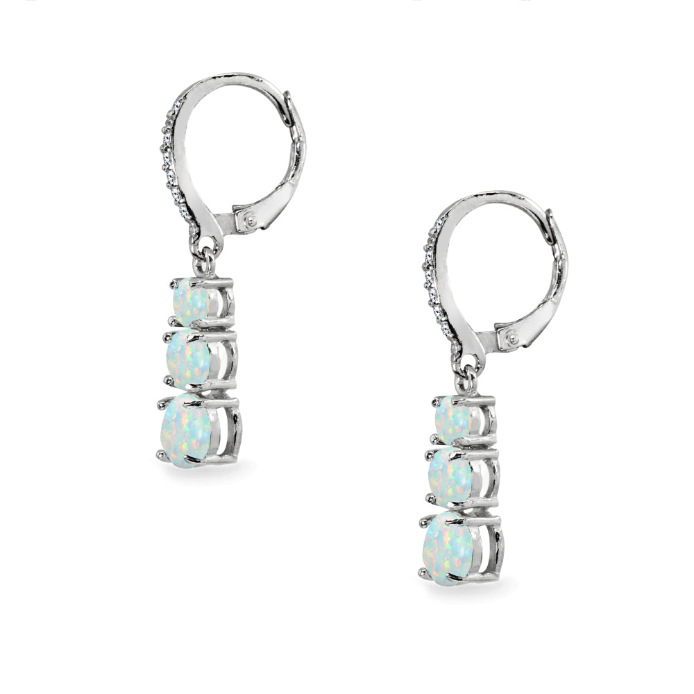 Sterling Silver Created White Opal and Cubic Zirconia 3-Stone Journey Dangle Leverback Earrings-2