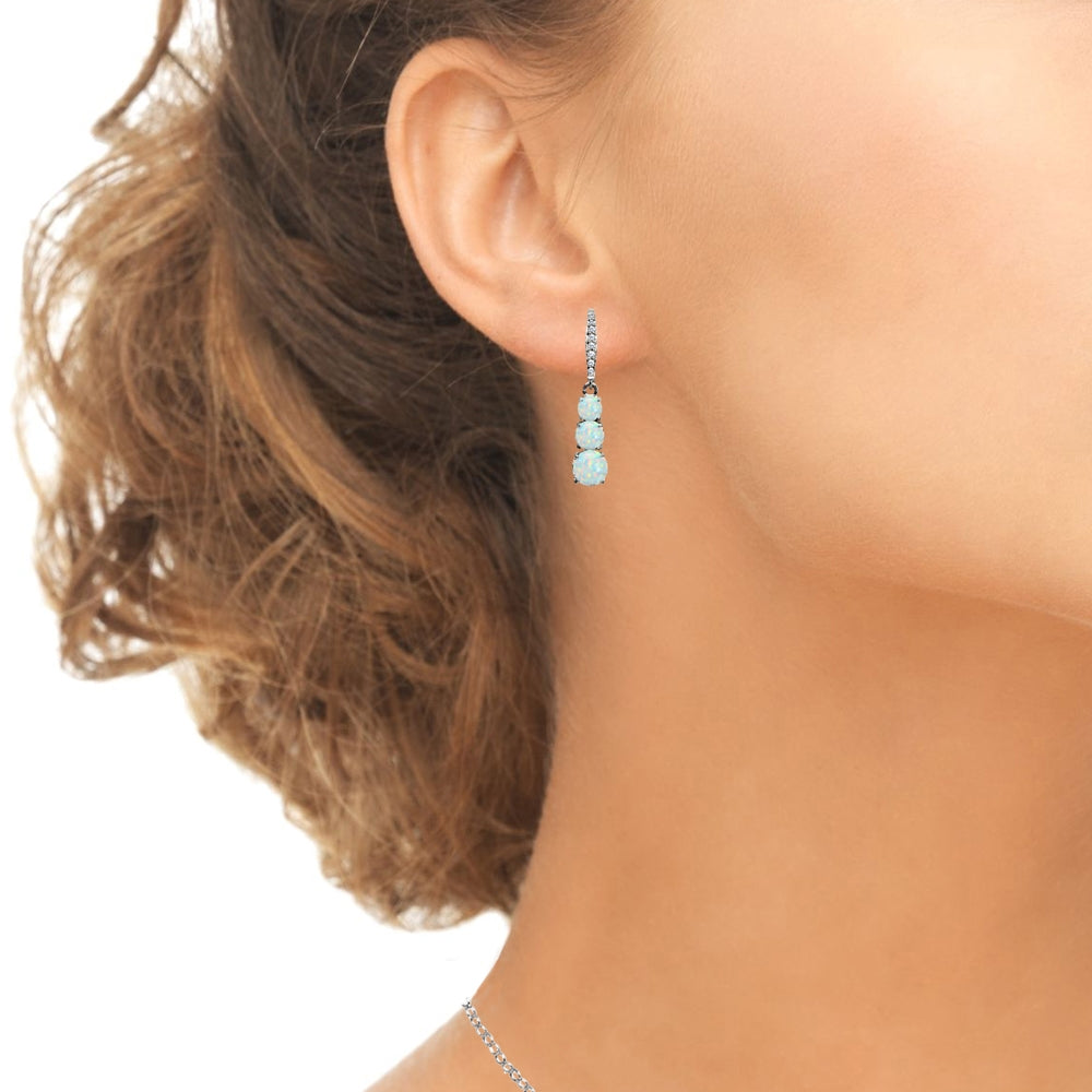 Sterling Silver Created White Opal and Cubic Zirconia 3-Stone Journey Dangle Leverback Earrings-3