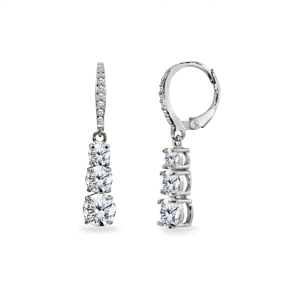 Sterling Silver Cubic Zirconia 3-Stone Journey Dangle Leverback Earrings