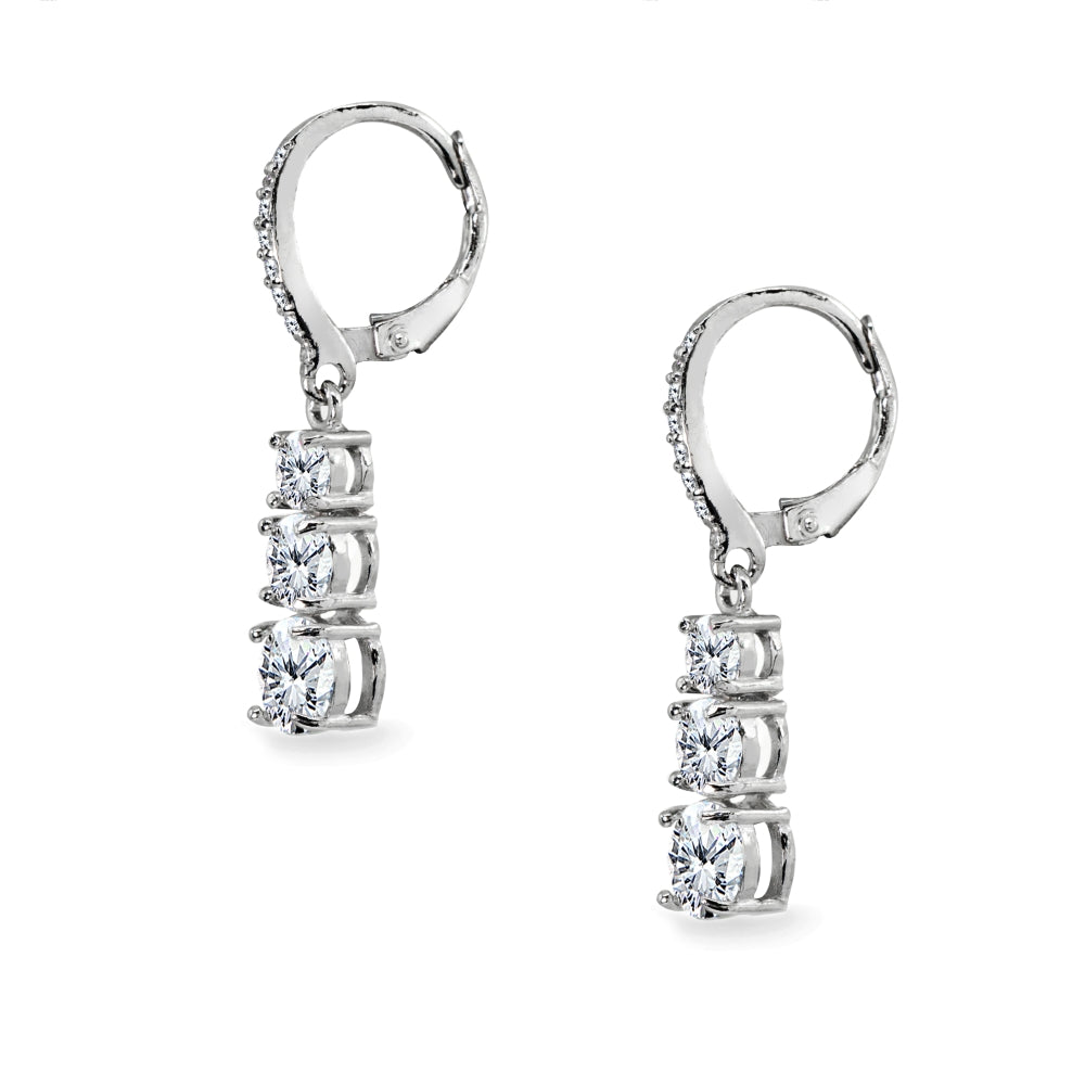 Sterling Silver Cubic Zirconia 3-Stone Journey Dangle Leverback Earrings-2