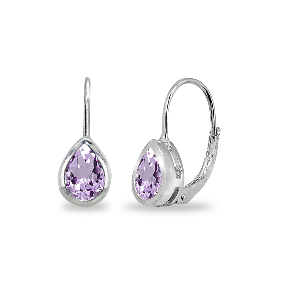 Sterling Silver Amethyst 7x5mm Teardrop Bezel-Set Dainty Leverback Earrings