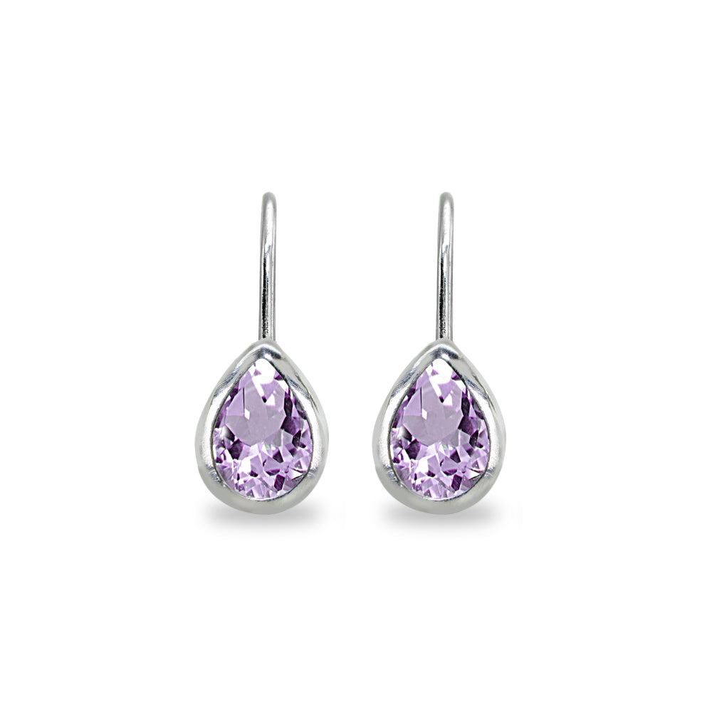 Sterling Silver Amethyst 7x5mm Teardrop Bezel-Set Dainty Leverback Earrings-2