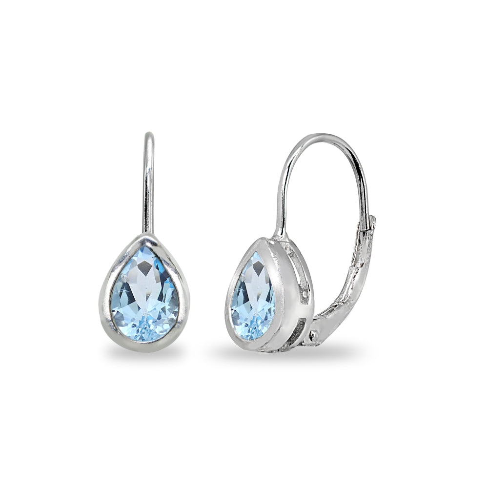 Sterling Silver Blue Topaz 7x5mm Teardrop Bezel-Set Dainty Leverback Earrings