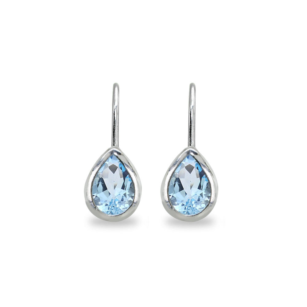 Sterling Silver Blue Topaz 7x5mm Teardrop Bezel-Set Dainty Leverback Earrings-2