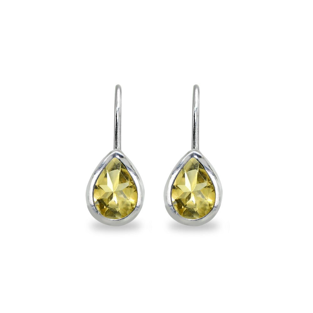 Sterling Silver Citrine 7x5mm Teardrop Bezel-Set Dainty Leverback Earrings-2