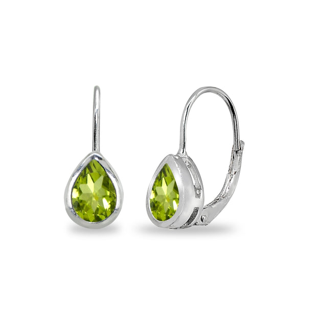 Sterling Silver Peridot 7x5mm Teardrop Bezel-Set Dainty Leverback Earrings