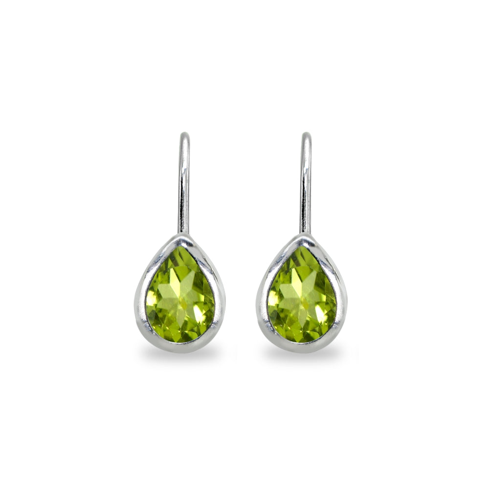 Sterling Silver Peridot 7x5mm Teardrop Bezel-Set Dainty Leverback Earrings-2