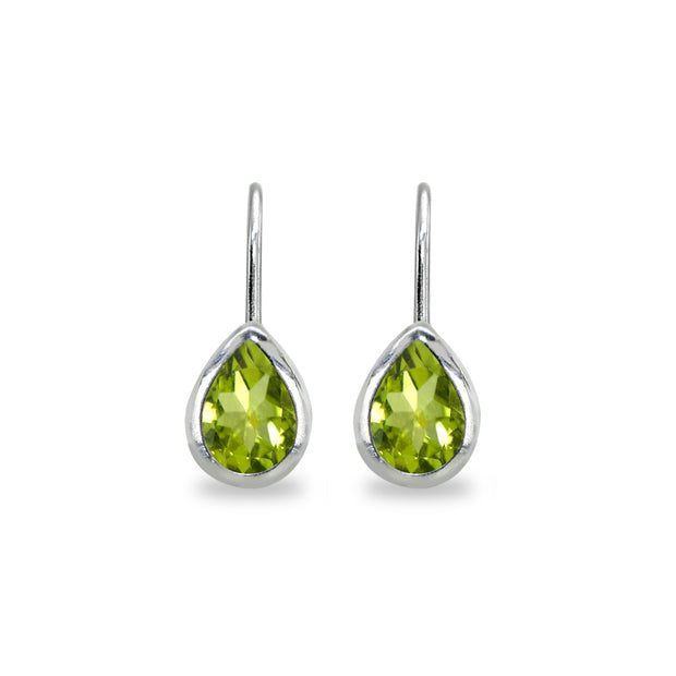 Sterling Silver Peridot 7x5mm Teardrop Bezel-Set Dainty Leverback Earrings