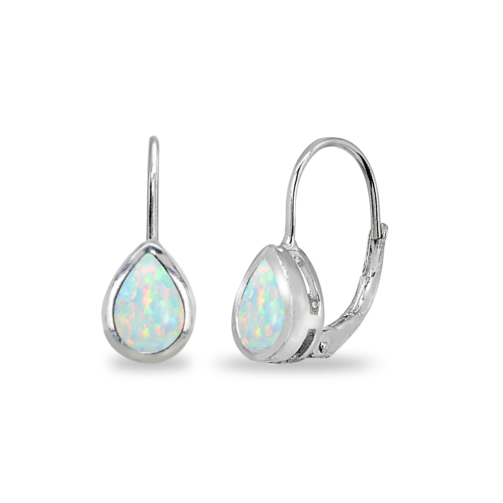 Sterling Silver Created White Opal 7x5mm Teardrop Bezel-Set Dainty Leverback Earrings