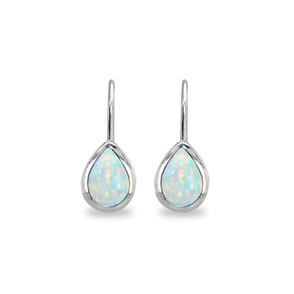 Sterling Silver Created White Opal 7x5mm Teardrop Bezel-Set Dainty Leverback Earrings-2